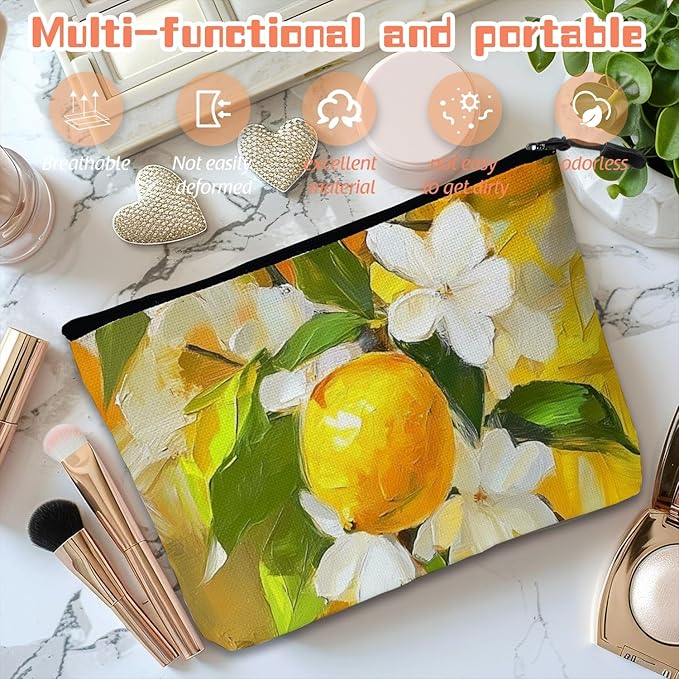 Scribesense Cosmetic Bags Travel Makeup Toilet Case Waterproof Pouch for Women Girls 6.7X9.45inches - Oil Painting of Lemons And White Flowers