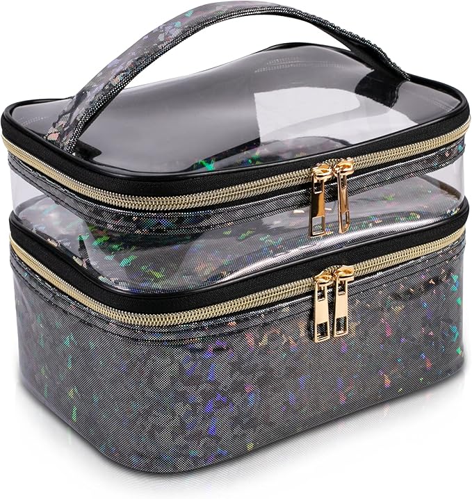 imerelez Double-layer Makeup Bag Cosmetic Bag Travel Makeup Cases Organizer Toiletry Bag Gift for Women, Portable Waterproof (Black)