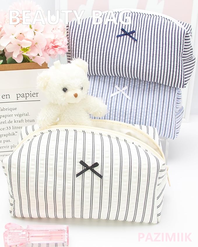 Cozy Makeup Bag for Women,Zipper Cosmetic Pouch,Stripe Black,2 Pack