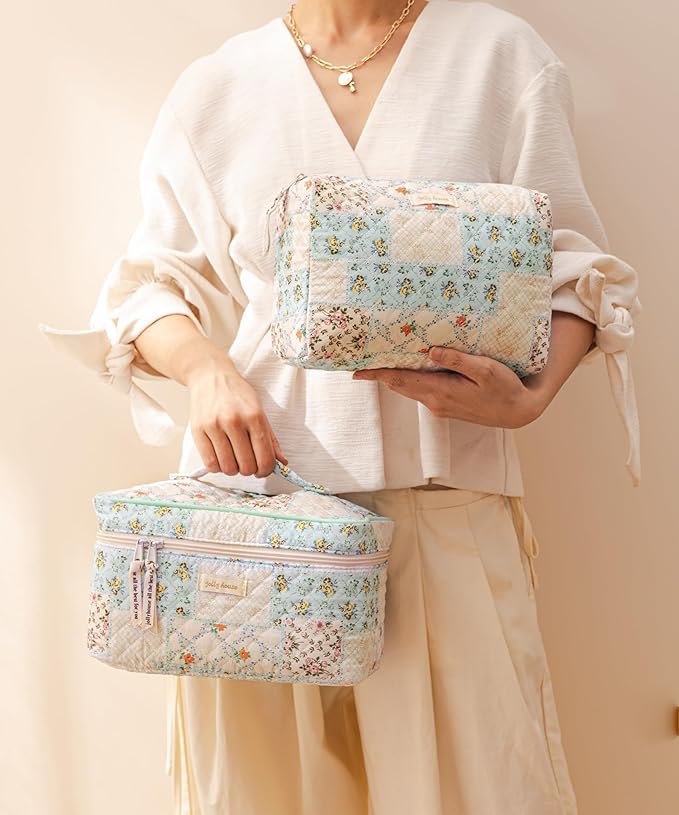 HBselect Quilted Makeup Bag, 3Pcs Cotton Large Travel Makeup Bags Organizer