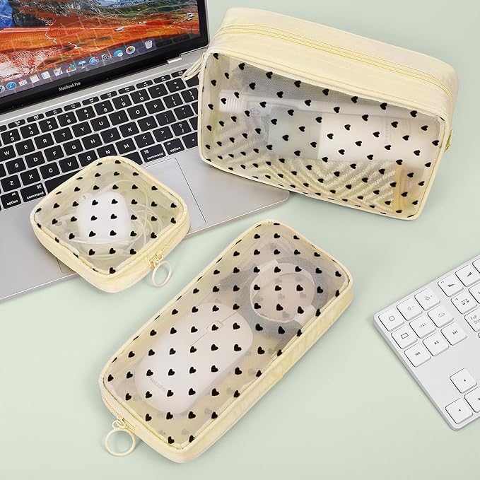 Sinzip 5 Pieces Mini Zipper Nylon Mesh Pouch, Mesh Cosmetic Bags Makeup Bags, Multipurpose Travel Toiletry Bags for Office Supplies and Travel Accessories (Heart Print-Beige, Assorted Sizes)