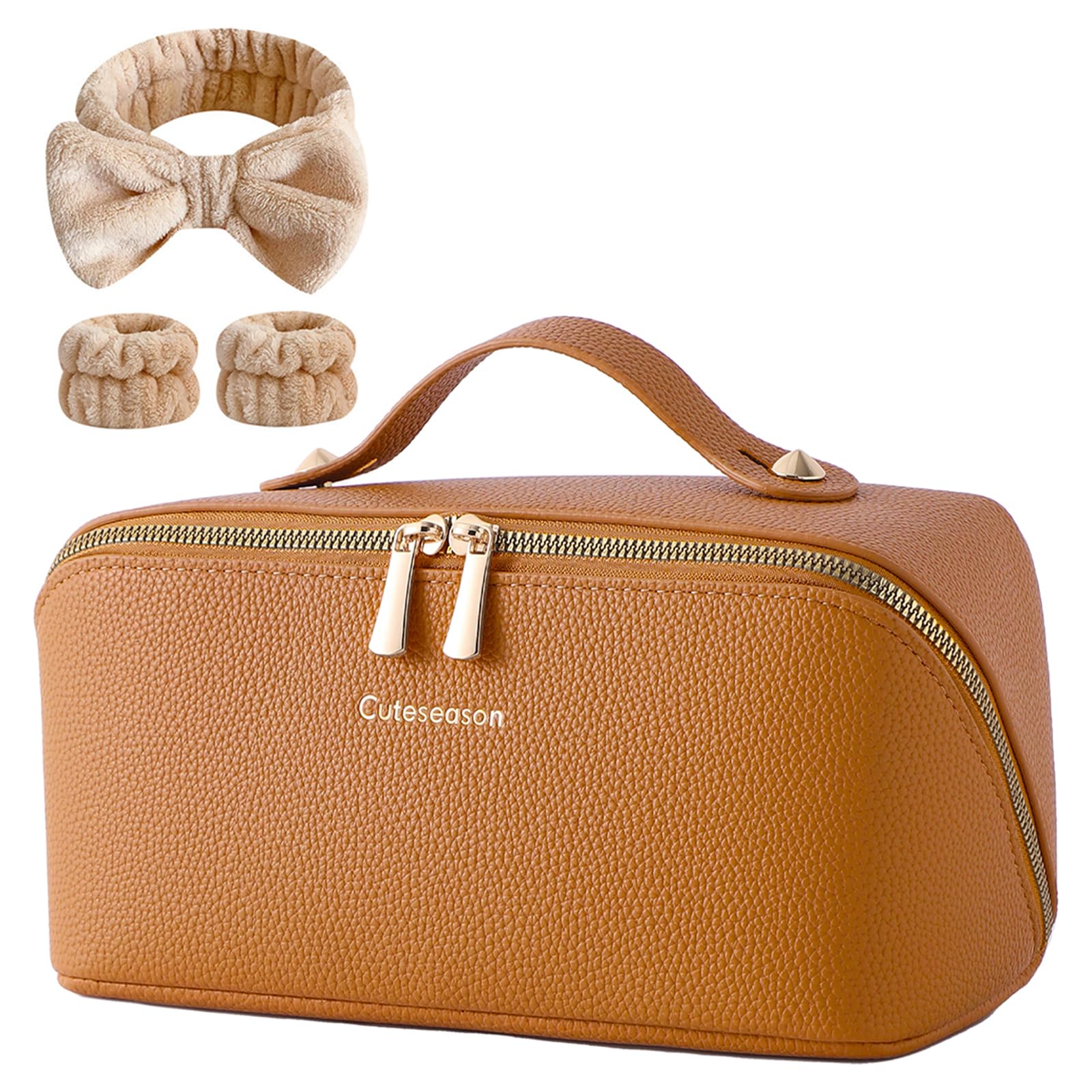 Cuteseason PU Leather Makeup Bag for Women, Structured Makeup Case with Wide Opening, Travel Cosmetic Bag with Compartments and Handle, Water-Resistant Makeup Organizer(Light Brown, Lychee Grain)