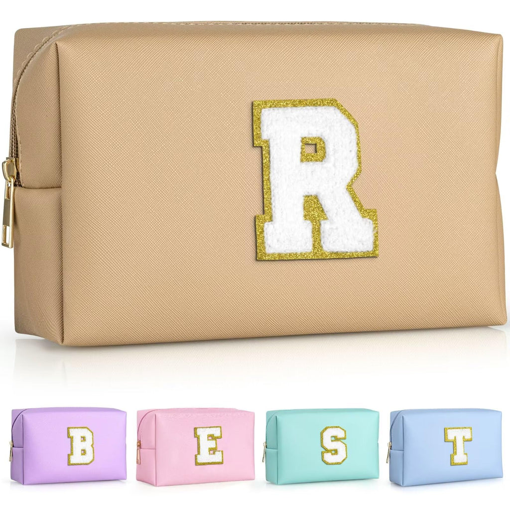 TOPEAST Cosmetic Travel Bags for Women, Preppy Small Makeup Bag, PU Leather Waterproof Toiletry Bag, Unique Friendship Gifts for Friends Coworker, Cute Stuff for Girls (Khaki R)