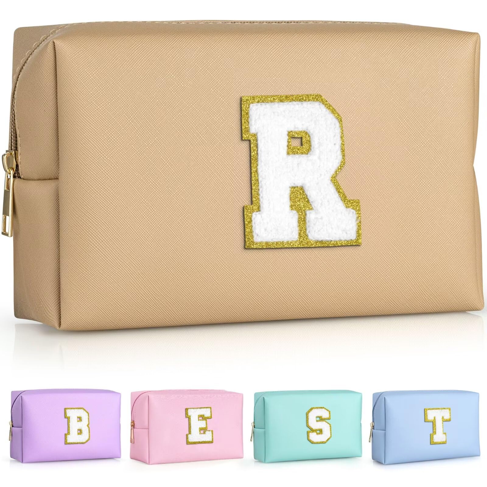 TOPEAST Cosmetic Travel Bags for Women, Preppy Small Makeup Bag, PU Leather Waterproof Toiletry Bag, Unique Friendship Gifts for Friends Coworker, Cute Stuff for Girls (Khaki R)