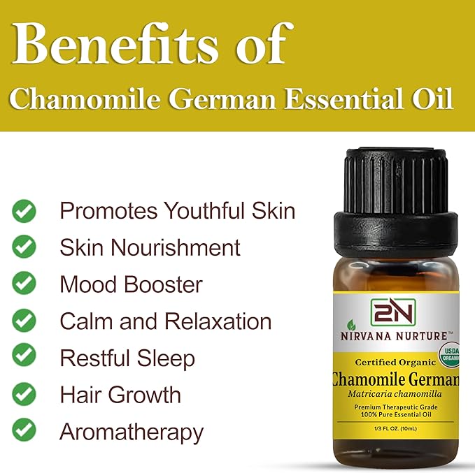 Nirvana Nurture Chamomile German Essential Oil USDA Certified Organic, 100% Pure Natural Premium Grade, Undiluted- Aromatherapy Diffuser for Calm and Relaxation, Skin Care, Hair Care