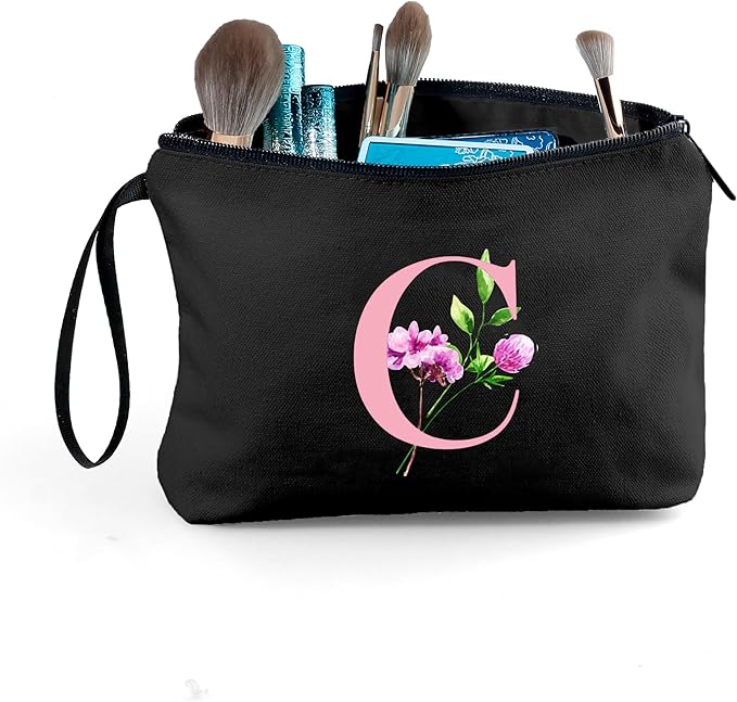 SEAMOON A-Z Personalized Gifts for Women, Initial Makeup Bag with Mirror, C
