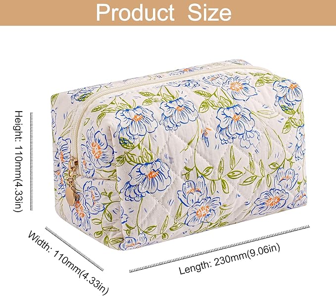 HHQQWZ Makeup Bag Travel Cosmetic Bag for Women Girls, Zipper Make Up Pouch, Floral Flowers Toiletry Organizer Makeup, Portable Storage Cosmetic Travel Cloth Bag (Large Blue Flowers)