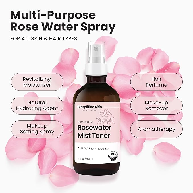 Simplified Skin Rose Water Spray for Face & Hair, Rosewater Mist Toner