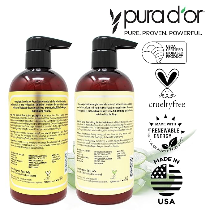 PURA D'OR Anti-Thinning Biotin Shampoo & Hair Regrowth Conditioner, CLINICALLY TESTED Effective Results, Thickening Herbal Blend For Women & Men, Original Gold Label Set, Natural Earthy Scent, 16oz x2