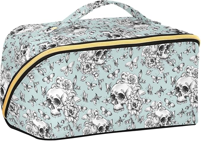 MNSRUU Makeup Organizer Bag, Vintage Goth Skull Travel Makeup Bags Makeup Vanity Case Large Capacity Rhombus Cosmetic Toiletry Bag for Girl Women Ladies