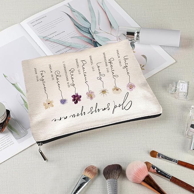 God Says You Are Cosmetic Bag, Inspirational Bible Verse Makeup Bag for Women, Floral Bible Verse Makeup Case, Sister, Friend Gifts, Affirmations Gifts, Christian Gifts, Birthday Gifts for Women
