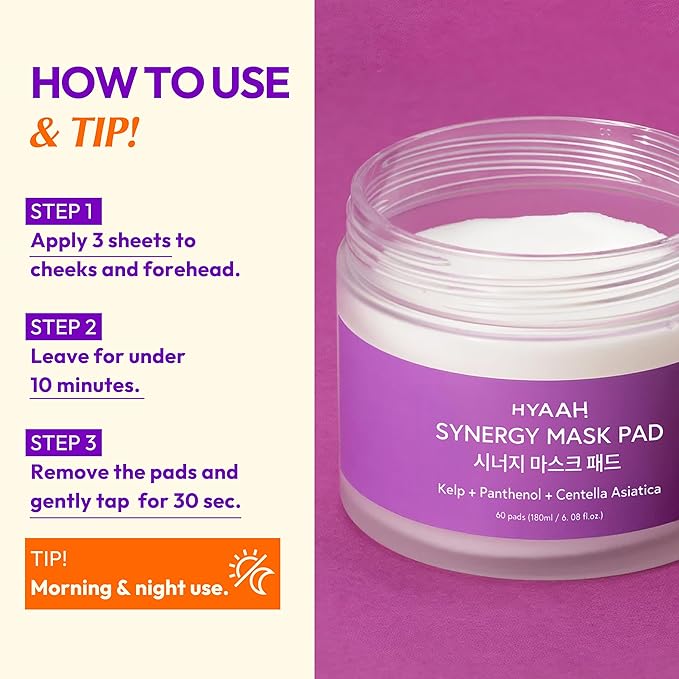 HYAAH Synergy Mask Pad - Korean Face Toner Pads with Kelp Seaweed Extract, Cica, Panthenol and Ectoin - Calming, Hydrating, Pore Refining - Soft Cotton Pad for Sensitive Skin, 60 Pads