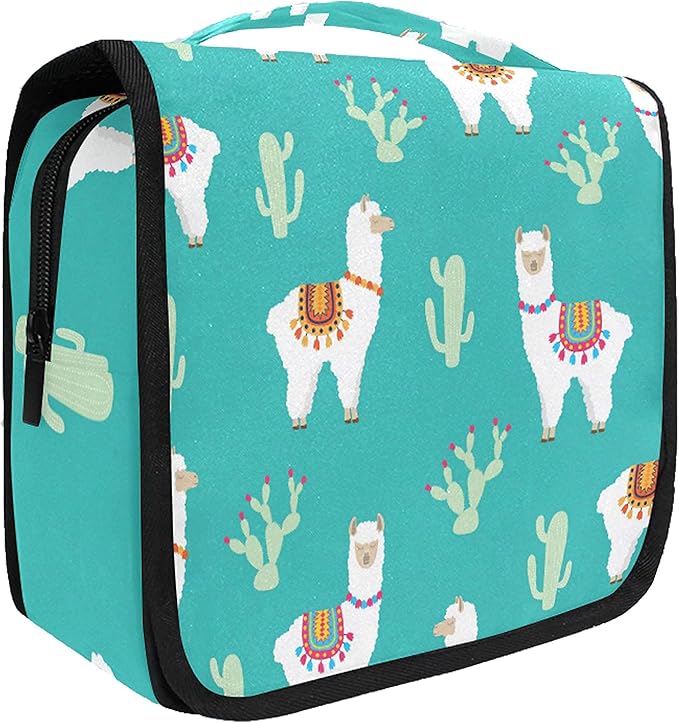 senya Hanging Travel Toiletry Bag Kit Makeup Case Cosmetics Organizer for Men Women Green Llama Alpaca And Cactus
