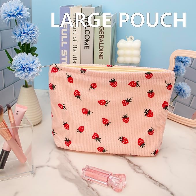 Flat Makeup Bag for Women,Zipper Cosmetic Pouch for Purse,Strawberry Pink