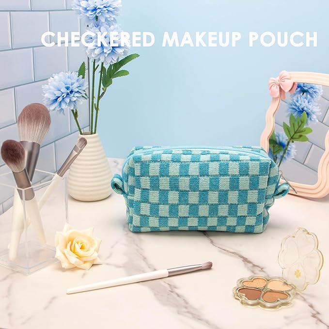 Checkered Makeup Bag for Purse, Small Cosmetic Pouch,Lake Blue,6 Pack