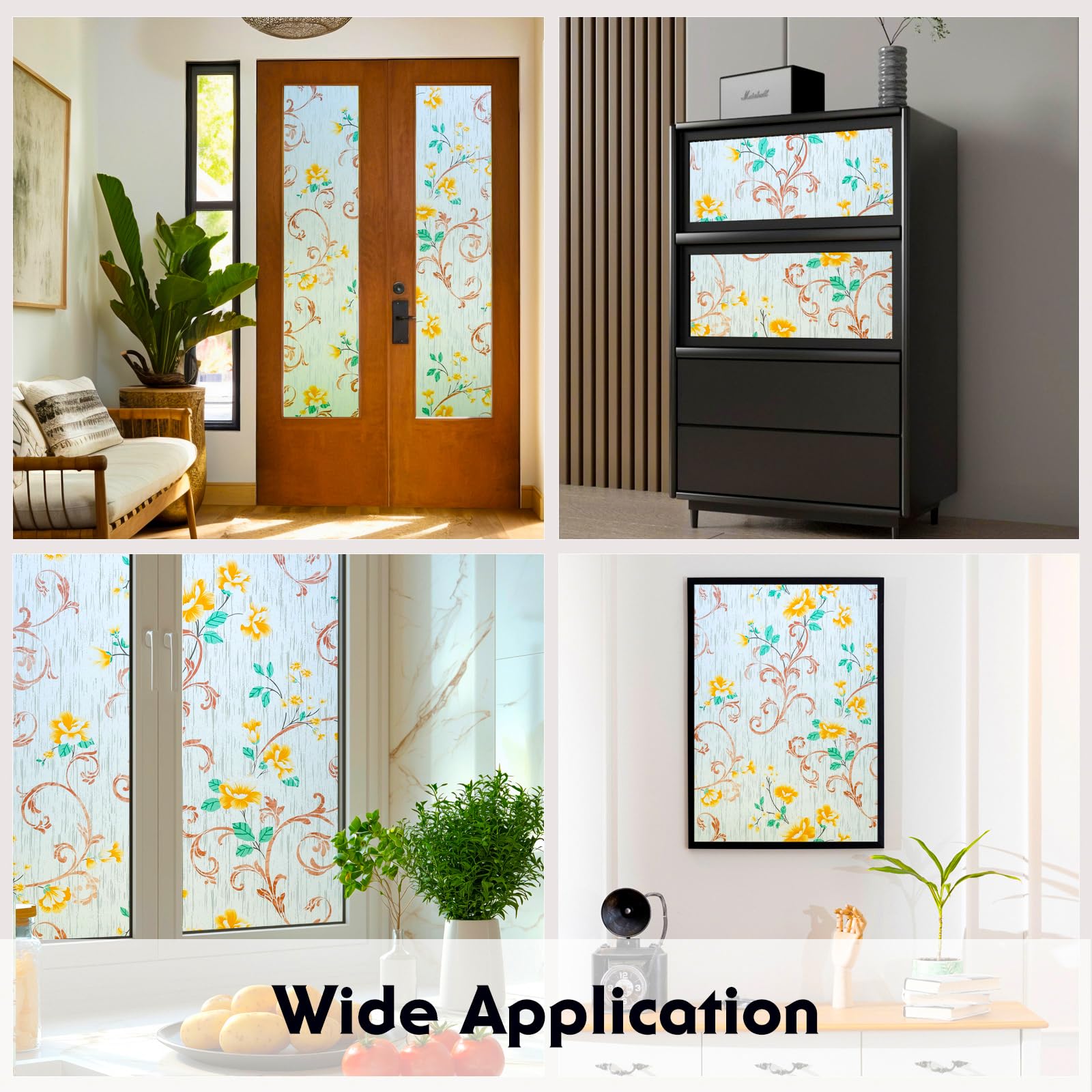 Volcanics Stained Glass Window Film, Frosted Glass Window Privacy Film, Decorative Window Clings, Floral Design Static Cling Sun Blocking Tint for Bathroom, 17.5 x 78.7 Inch