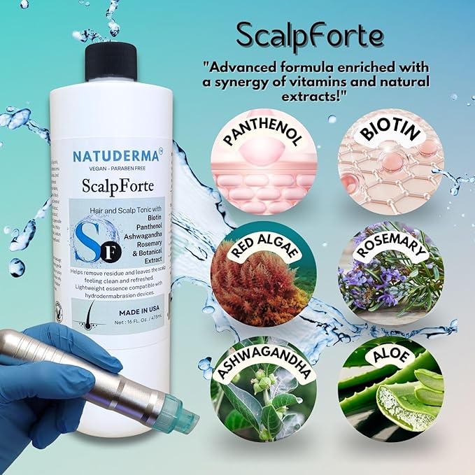Natuderma Scalpforte Hair and Scalp Tonic with Biotin & Panthenol for Thicker-Looking Hair, Serum for Hydrodermabrasion Machine to Cleanse, Hydrate and Moisturize the Scalp (16 Oz)