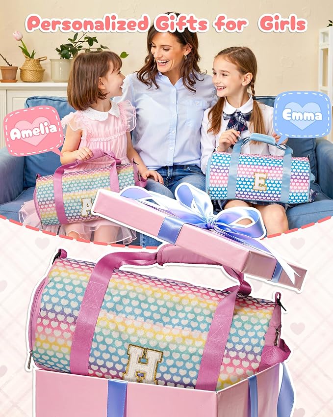 Christmas Gifts for Grandkids, Girls Travel Duffel Bag, Kids Initial Overnight Bags with Shoe Compartment, Personalized Weekender Bag with Makeup Pouch, Gift for 8 Year Old Girl (Letter S)