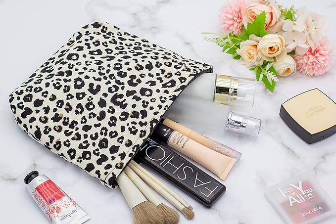 Flat Makeup Bag for Women,Zipper Cosmetic Pouch for Purse,Leopard Ivory