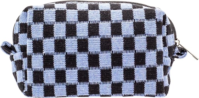 PAZIMIIK Checkered Makeup Bag for Purse Portable Zipper Make Up Pouch Small Cosmetic Case for Travel Accessories (Blue Black)