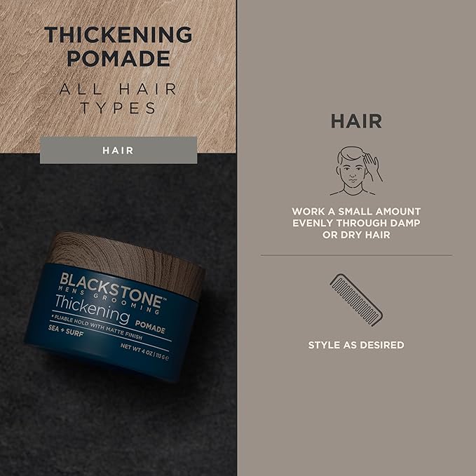 Blackstone Men's Grooming Hair Thickening Pomade - Pliable Hold with Matte Finish | Paraben & | Sea + Surf Scent (4 Oz)