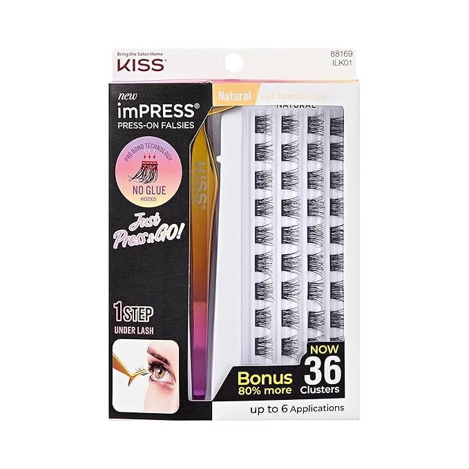 Kiss Impress Falsies Self Adhesive Eyelashes, Press On Lashes, 12mm-14mm Natural Volume Lashes, Black, No Glue Needed, Invisible Band, 36 Lash Clusters & Non-Stick Applicator - Natural