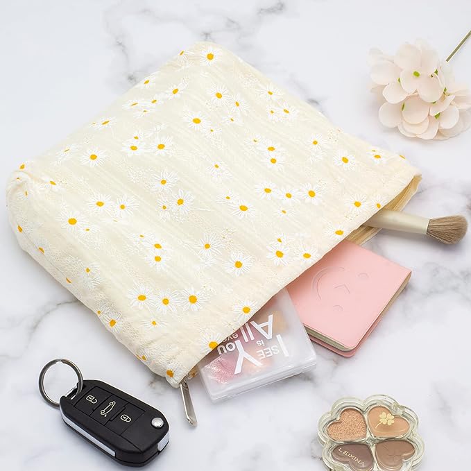 Flat Makeup Bag for Women,Zipper Cosmetic Pouch for Purse,Daisy Beige