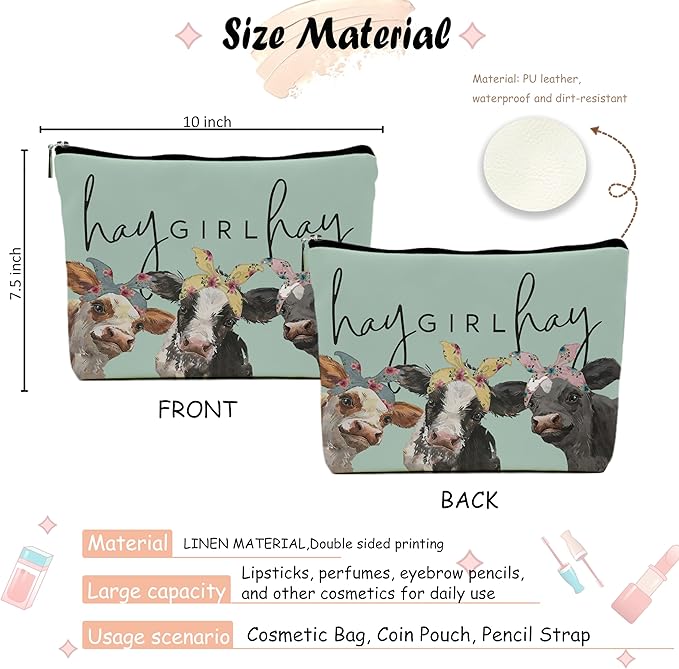 NEGIGA Cow Print Stuff,Cow Makeup Bag,Cow Gifts,Western Makeup Bag,Makeup Bags For Women,Cow Print(Green Pu Leather Cosmetic Bag)