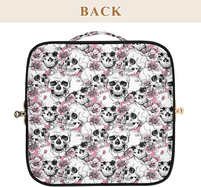 MNSRUU Makeup Organizer Bag, Halloween Skull Flowers and Pink Cherries Travel Makeup Bags Makeup Vanity Case Large Capacity Rhombus Cosmetic Toiletry Bag for Girl Women Ladies