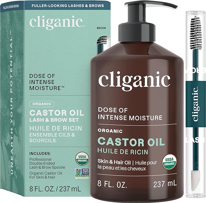 Cliganic Castor Oil Organic Cold Pressed, 100% Pure (8oz with Eyelash Kit) - For Eyelashes, Eyebrows, Hair & Skin | Bulk, Natural Unrefined Hexane-Free | DIY Carrier Oil
