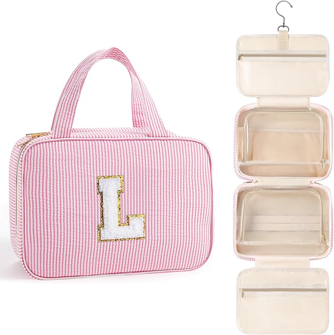 TOPEAST Travel Hanging Toiletry Bag, Personalized Initial Toiletry Pouch, Birthday Gifts for Women Mom Daughter Sister Friends, Cruise Essentials, Pink L