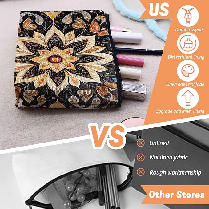 Scribesense Cosmetic Bags Travel Makeup Toilet Case Waterproof Pouch for Women Girls 6.7X9.45inches - Symmetrical Gold Flower Pattern
