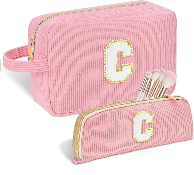 Sernaxi Personalized Initial Makeup Bag Trendy Stuff Corduroy Cosmetic Bag Travel Toiletry Bag, Valentine’s Day Gift Makeup Organizer Case & Makeup Pouch for Women teen Girls Mom Girlfriend Wife