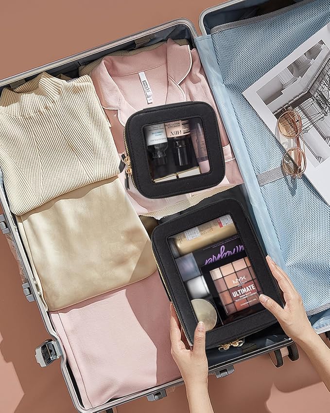 KOTORA Clear Sunscreen Makeup Bag Organizer Set,Portable Travel Toiletry Case for Women, Vegan Leather Cosmetic Pouch Beach Essentials Make Up Bag Organizer Storage Traveling (Black)