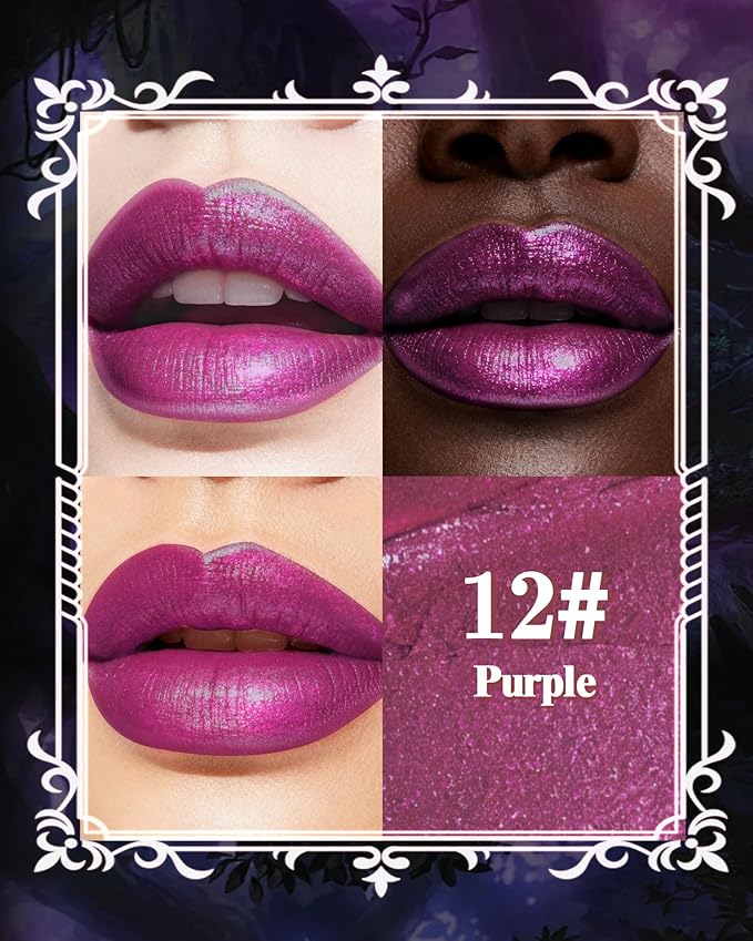 Caedelfly Glitter Metallic Shimmer Lipstick, Purple Lipstick Long Lasting, Diamond High Pigmented Shiny Metallic Lip Stick, Non-sticky Sparkly Lipsticks for Women Christmas Makeup - 12 Purple