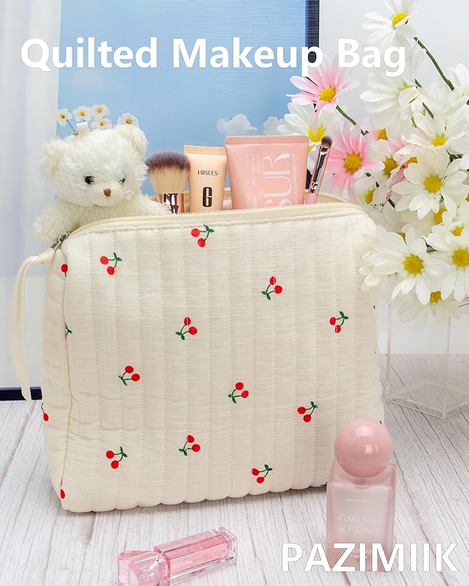 Quilted Makeup Pouch for Women, Travel Cosmetic&Toiletry Bag,Cherry Beige