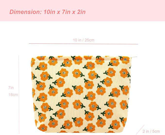 Flat Makeup Bag for Women,Zipper Cosmetic Pouch for Purse,Flower Yellow