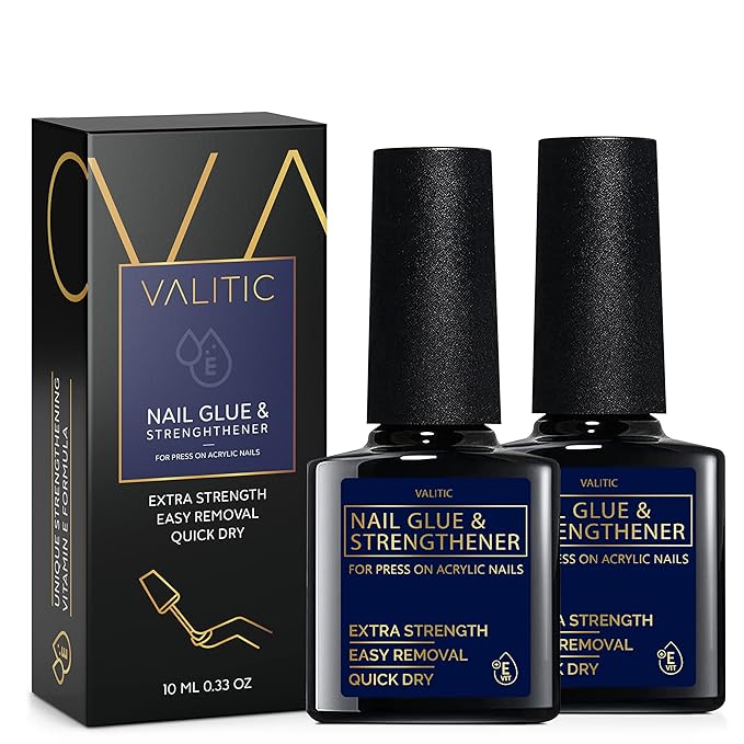 Valitic Strong Nail Glue and Strengthener for Acrylic and Press On Nails - Quick Dry Brush On Gel for Long Lasting Effect - Adhesive Nail Bond for False Nails with Tips Strengthener - 2 Pack
