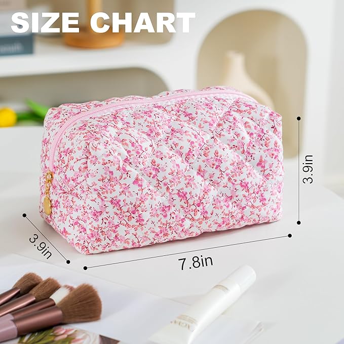 UUYUUY Makeup Bag Travel Toiletry Bag for Women, Small Cosmetic Bags Cute Quilted Cotton Makeup Pouch for Purse Emergency Bag Pencil Case Accessory Bag, Baby Pink