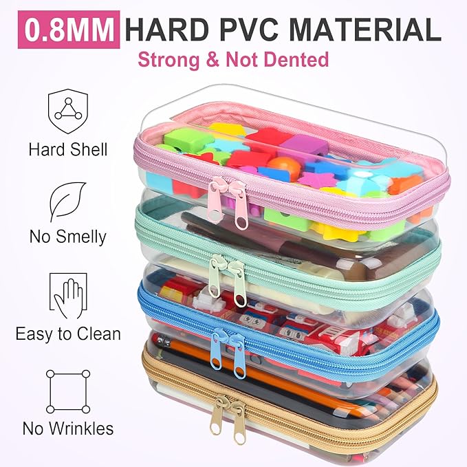 Hoolerry 4 Pcs Hard Clear Zipper Case Makeup Bags Plastic Zipper Pouch Transparent Storage Box Containers for Cosmetics, Snacks, Building Blocks, Puzzles(Clear,7.5 x 3.9 x 2 in,Soft Colors)