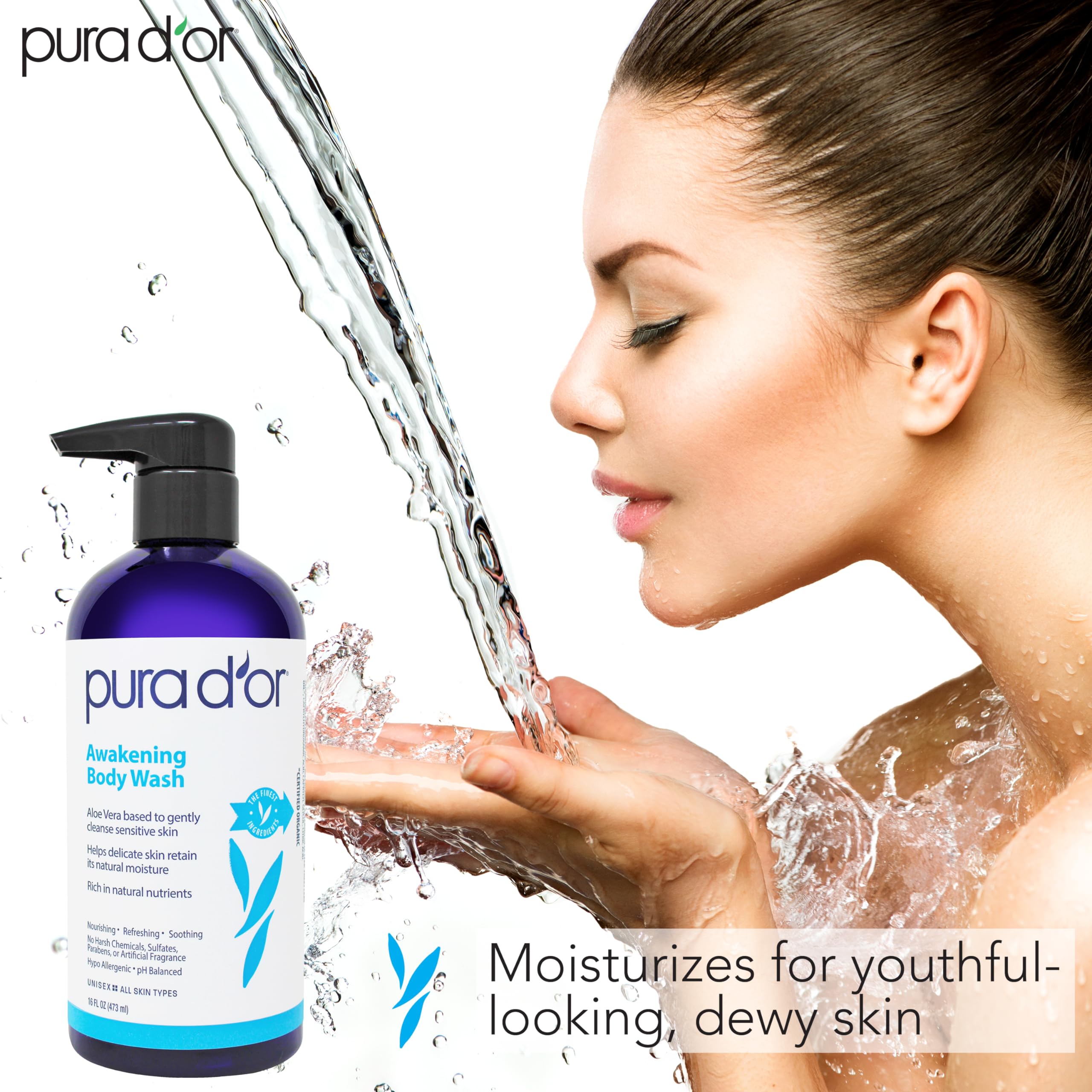 PURA D'OR 16 Oz Awakening Body Wash with Aloe Vera, Chamomile, Lavender, Tea Tree and Natural Nutrients - pH Balanced for Moisturized Soft, Fresh-Feeling Skin, All Skin Types, Men & Women