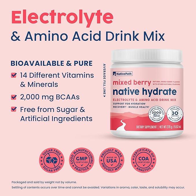 NativePath Hydrate Electrolyte Powder, Mixed Berry, 30 Servings