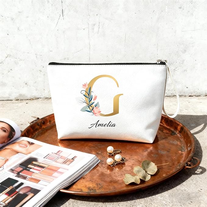 Bliver Personalized Makeup Bag Initial&Birth Flower Custom Small Travel Cosmetic Bag with Name Cute Makeup Bag for Women Girls