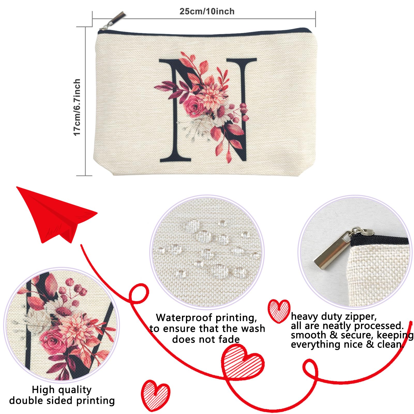 Initial A-Z Personalized Floral Makeup Bag, Monogrammed Birthday Gifts for Women Mom, Mothers Day Christmas Gift Ideas for Best Friend, Bride Bridesmaid, Her, Grandma, Small Travel Cosmetic Bag (N)