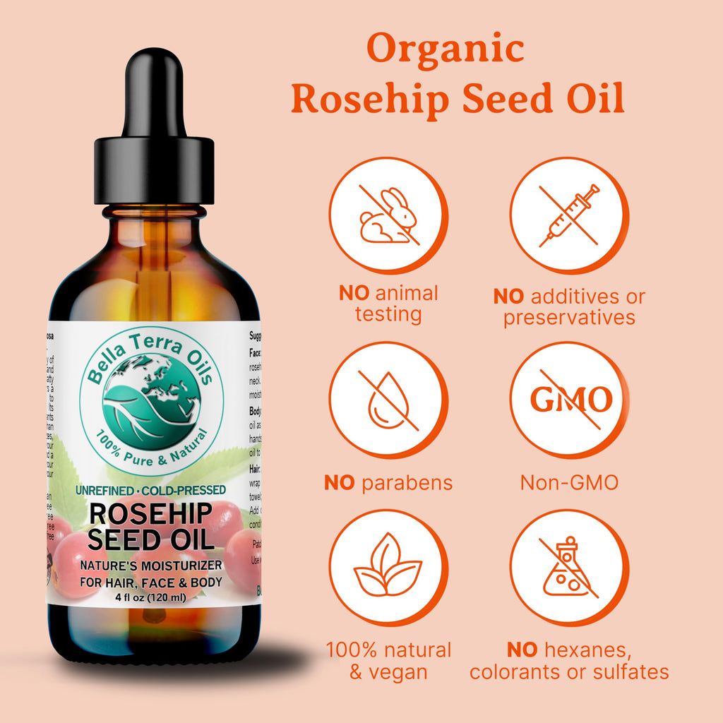Bella Terra Oils - Organic Rosehip Oil 4 oz - Hailing from the Finest Rosa Mosqueta, Abundant in Omega-6 & Omega-3 Fatty Acids, Pure Radiance for Face
