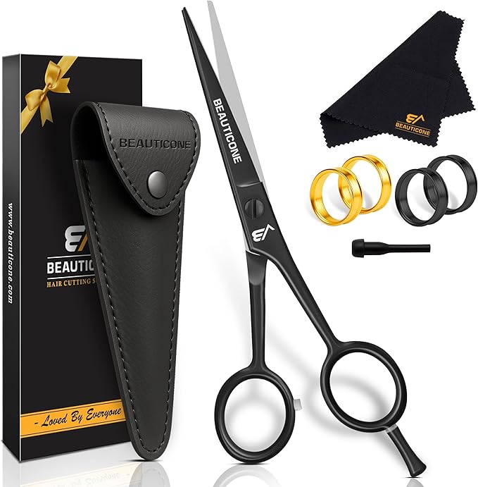 BEAUTICONE ® Hair Cutting Scissors - High Carbon SS 6.5" Professional Barber-Grade Salon Shears with Serrated & Razor Edge - Matt Finish with Pouch & Finger Inserts - Ultra Lightweight