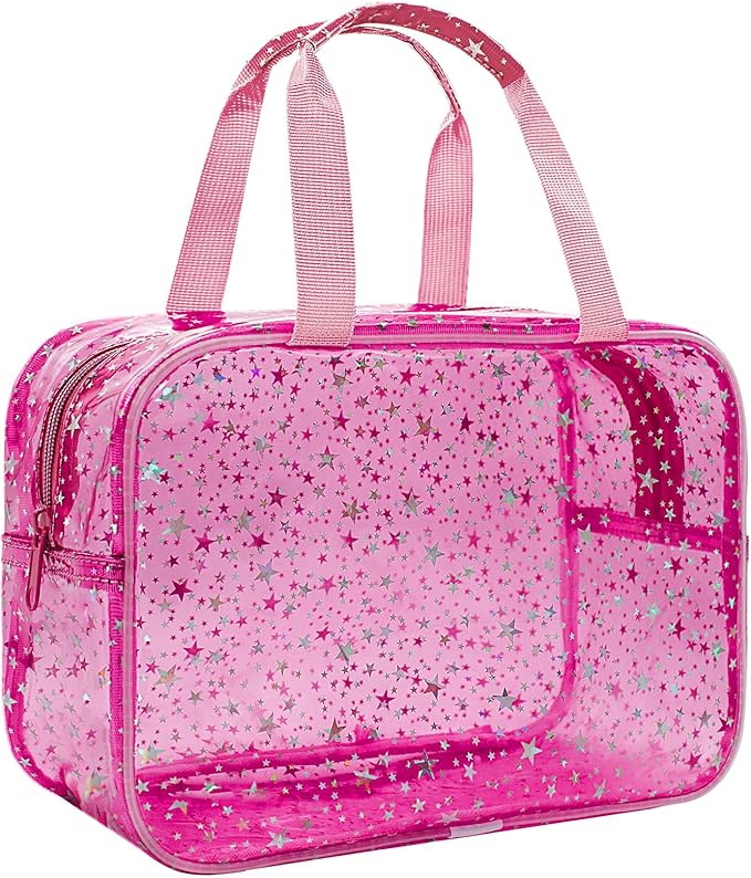 Junesters Clear Red Star Large Makeup Bag with Star Pattern 12x5x8 inch, Travel Cosmetic Bag with Handle, Durable PVC Material Washbag Zipper Opening Design for Makeup Travel Organizer or Gym Use