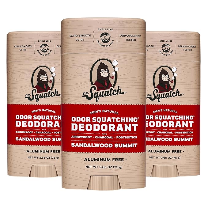 Dr. Squatch Natural Men’s Deodorant – Aluminum Free Natural Deodorant Men with Charcoal & Postbiotics for 72-Hour Odor Protection – Sandalwood Summit, 2.65oz Stick (3-Pack)