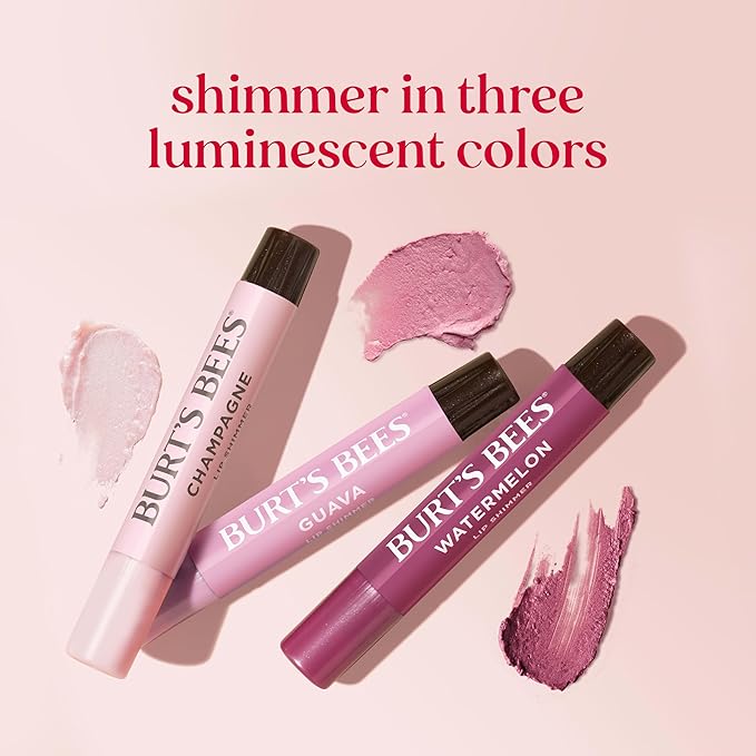 Burt's Bees Lip Shimmer Pink Collection, Tinted Lip Balm Stick, Moisturizing for All Day Hydration with Natural Glowy Pigmented Finish & Buildable Color, 3 Shades, Value Pack, 0.09 oz., Three Tubes