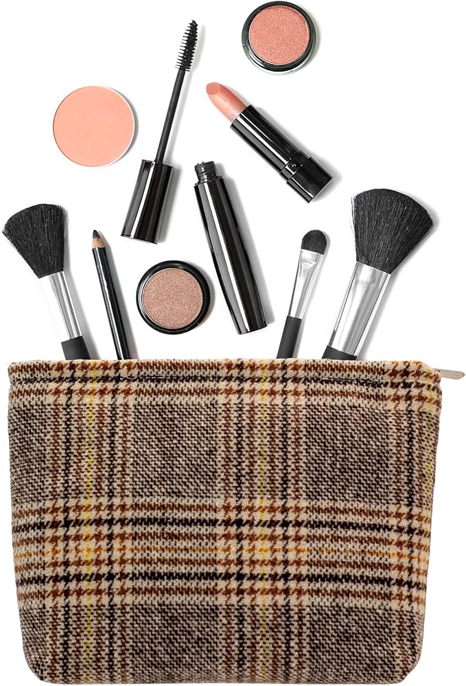 PAZIMIIK Makeup Bags for Purse Zipper Cosmetic Pouch Large Travel Canvas Make Up Organizer Tool Pouch for Women and Girls,Plaid Brown